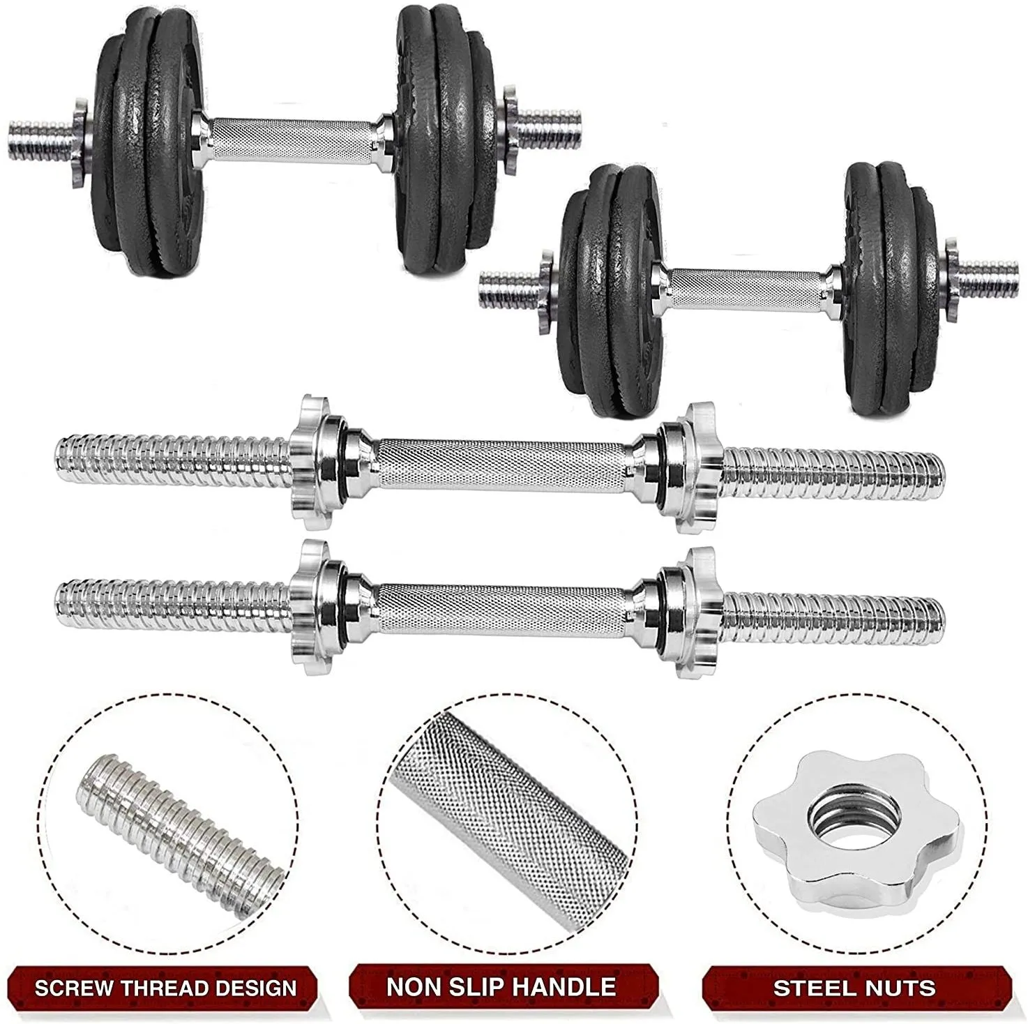 10KG GYM SET 4ft |5Ft Pair Star Nut Dumbbell |CAST IRON Plates & ACC(25MM)