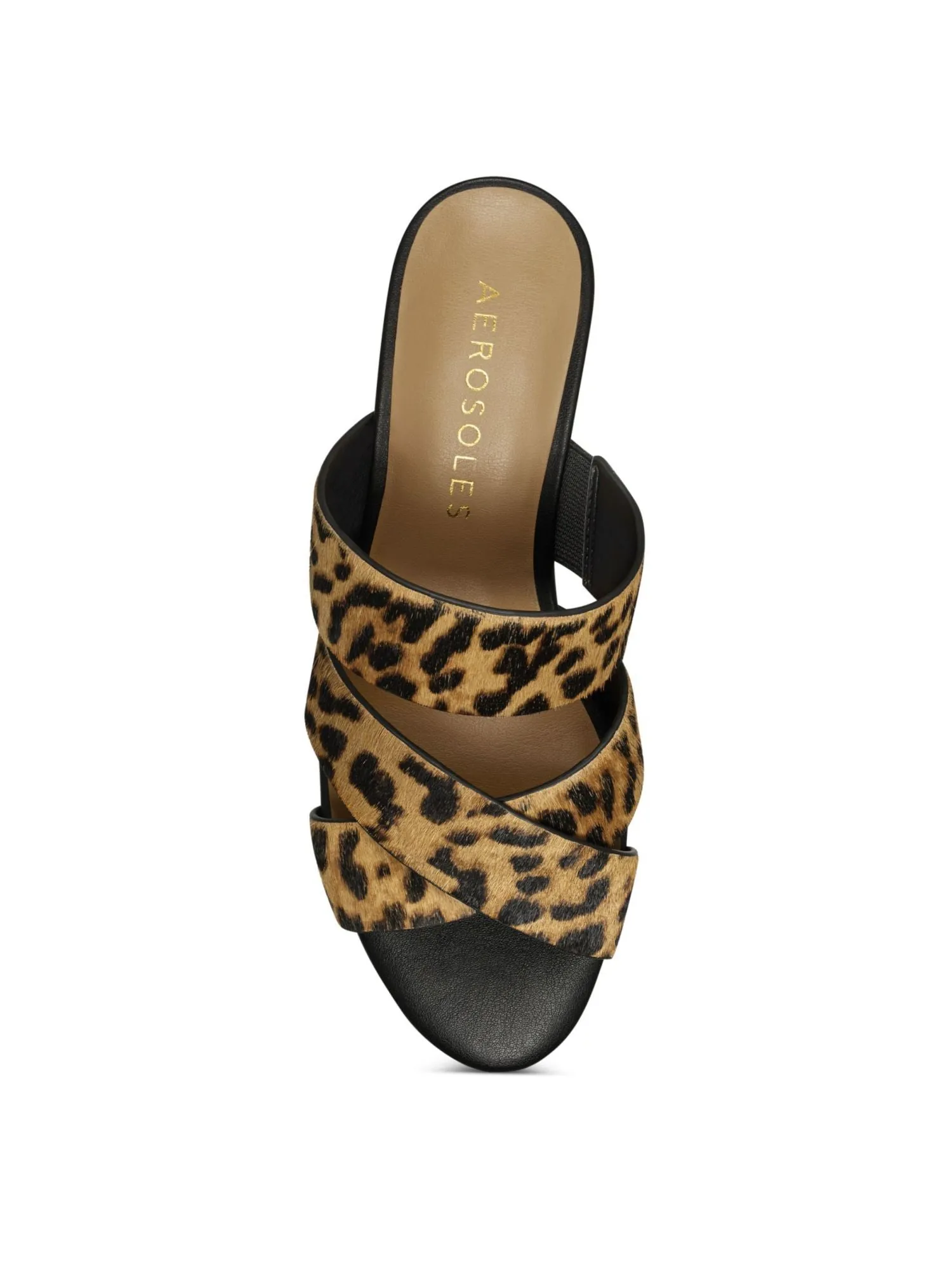 AEROSOLES Womens Brown Leopard Print Crisscross Straps Side Gore Core Comfort Technology Comfort Westfield Almond Toe Wedge Slip On Leather Slide Sandals Shoes W