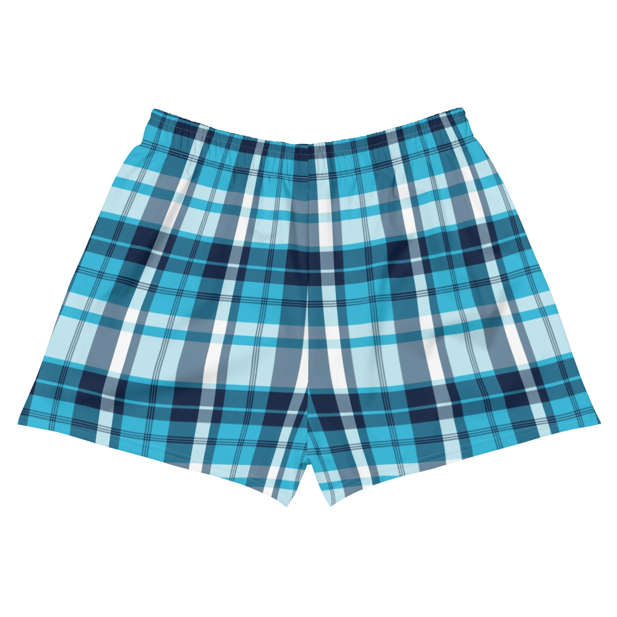 Aqua and Navy Blue Preppy Plaid Women's Athletic Swim Shorts