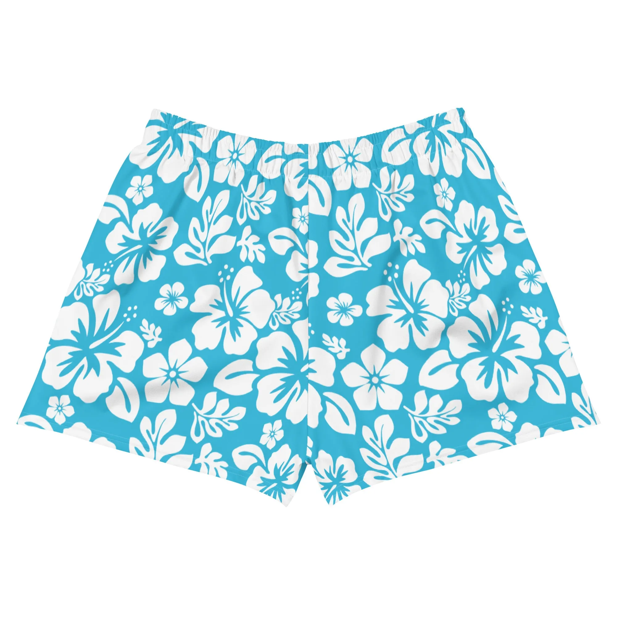 Aqua Blue and White Hawaiian Flowers Women's Athletic Swim Shorts