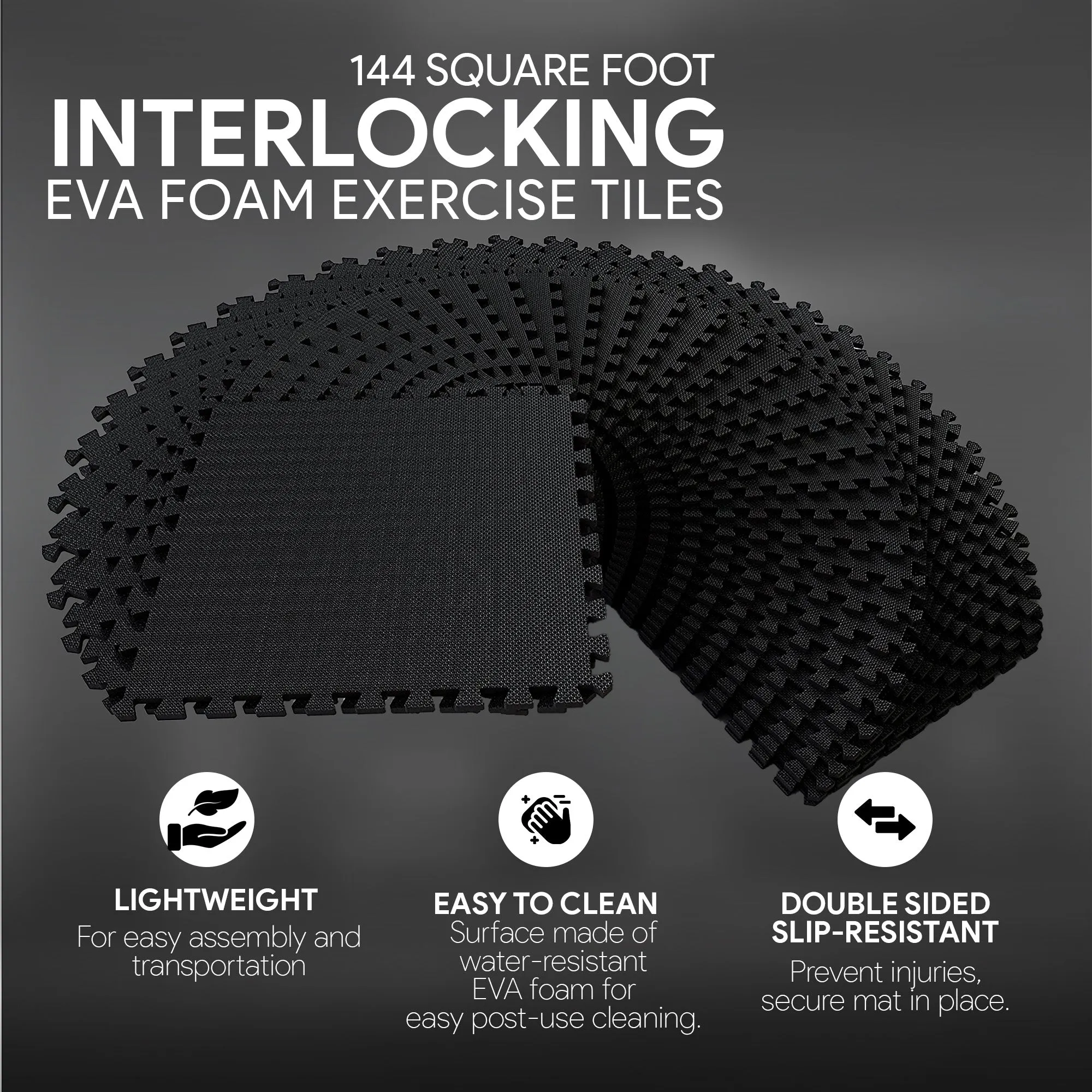 BalanceFrom Fitness 144 Sq Ft Interlocking EVA Foam Exercise Mat Tiles, Black