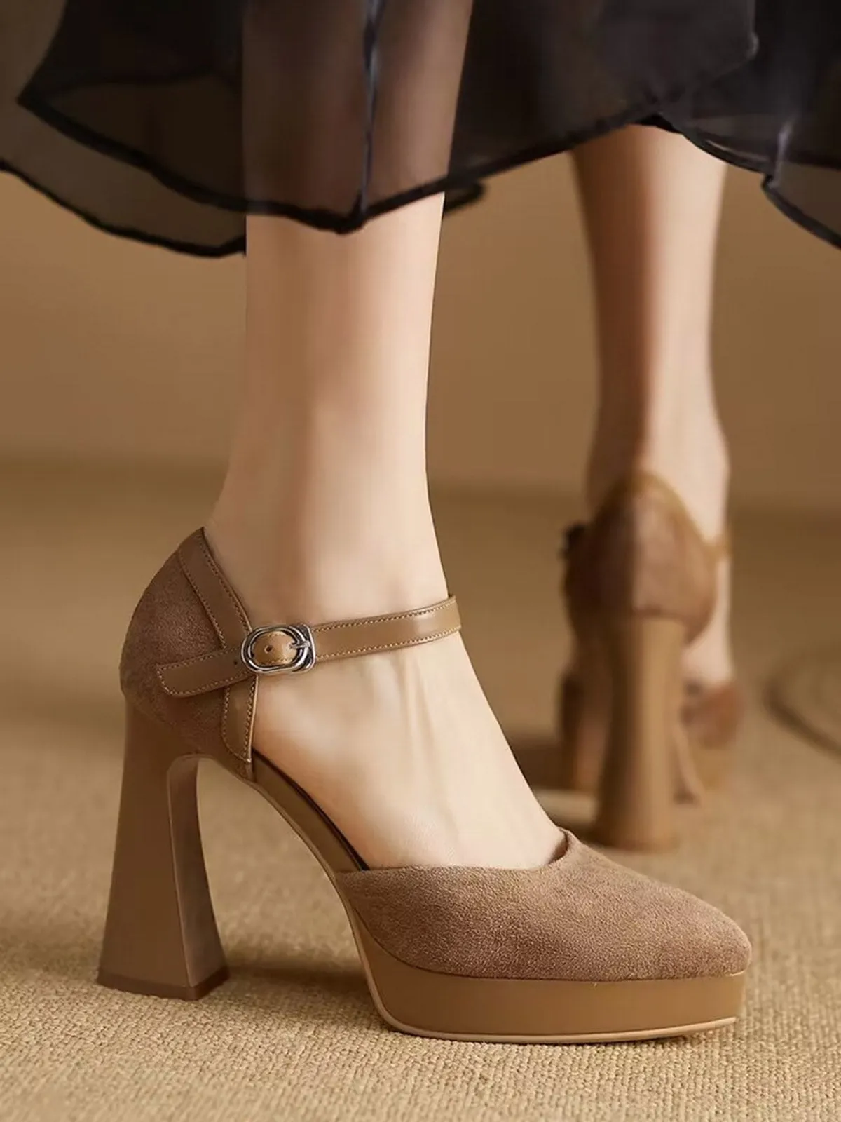 Beige Suede Pointed High Heel Shoes