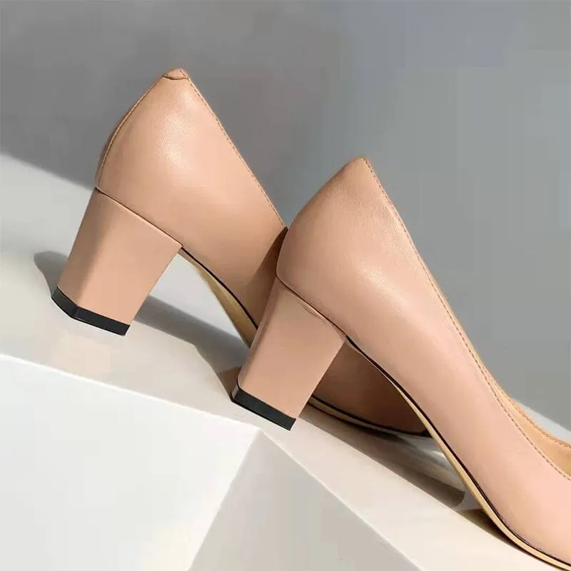 Block Heeled Slip-On Pumps Leather Square Toe Office Shoes Color Blocking in Beige