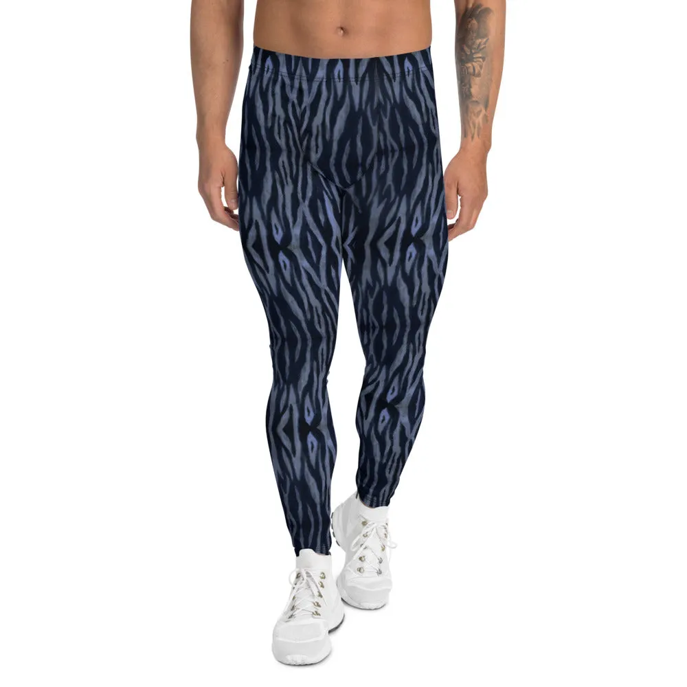 Blue Tiger Striped Men's Leggings, Tiger Stripes Animal Print Meggings-Made in USA/EU/MX