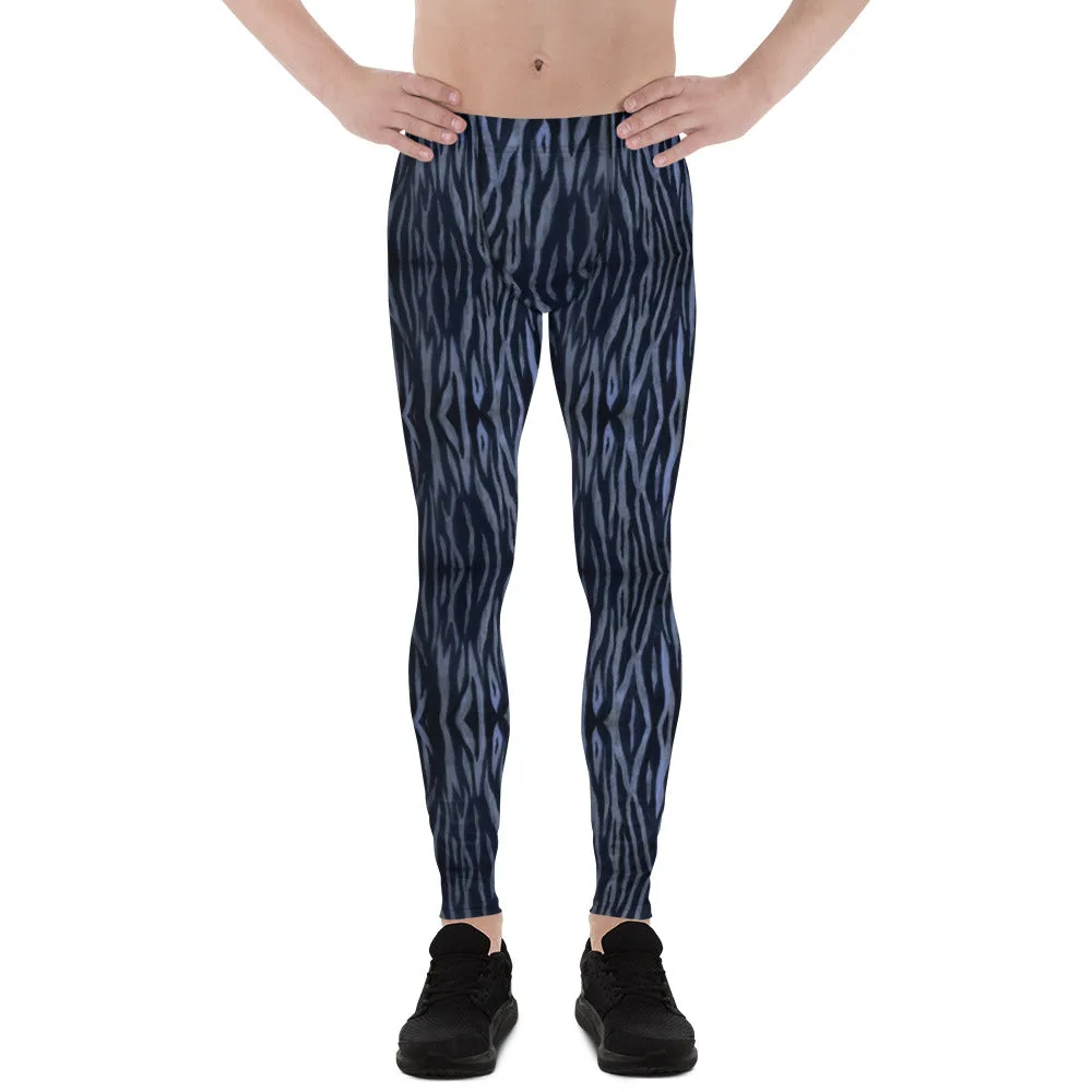 Blue Tiger Striped Men's Leggings, Tiger Stripes Animal Print Meggings-Made in USA/EU/MX