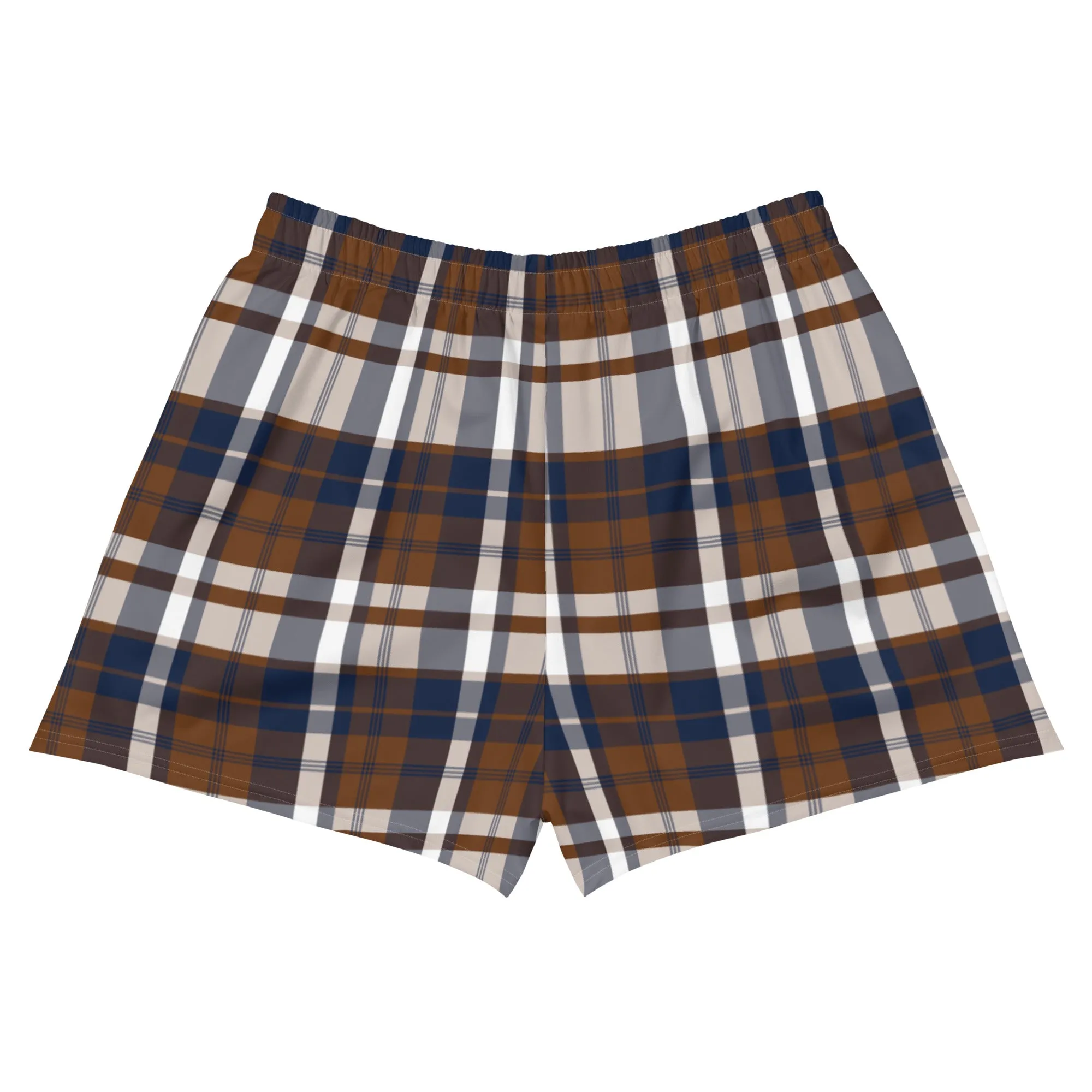 Brown and Navy Blue Preppy Plaid Women's Athletic Swim Shorts