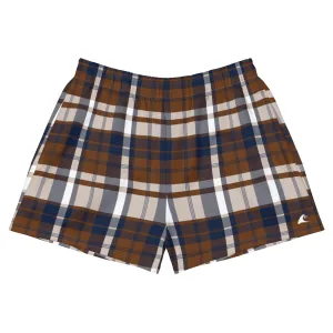 Brown and Navy Blue Preppy Plaid Women's Athletic Swim Shorts