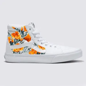 California Poppy Flowers on White Vans SK8-Hi Shoes