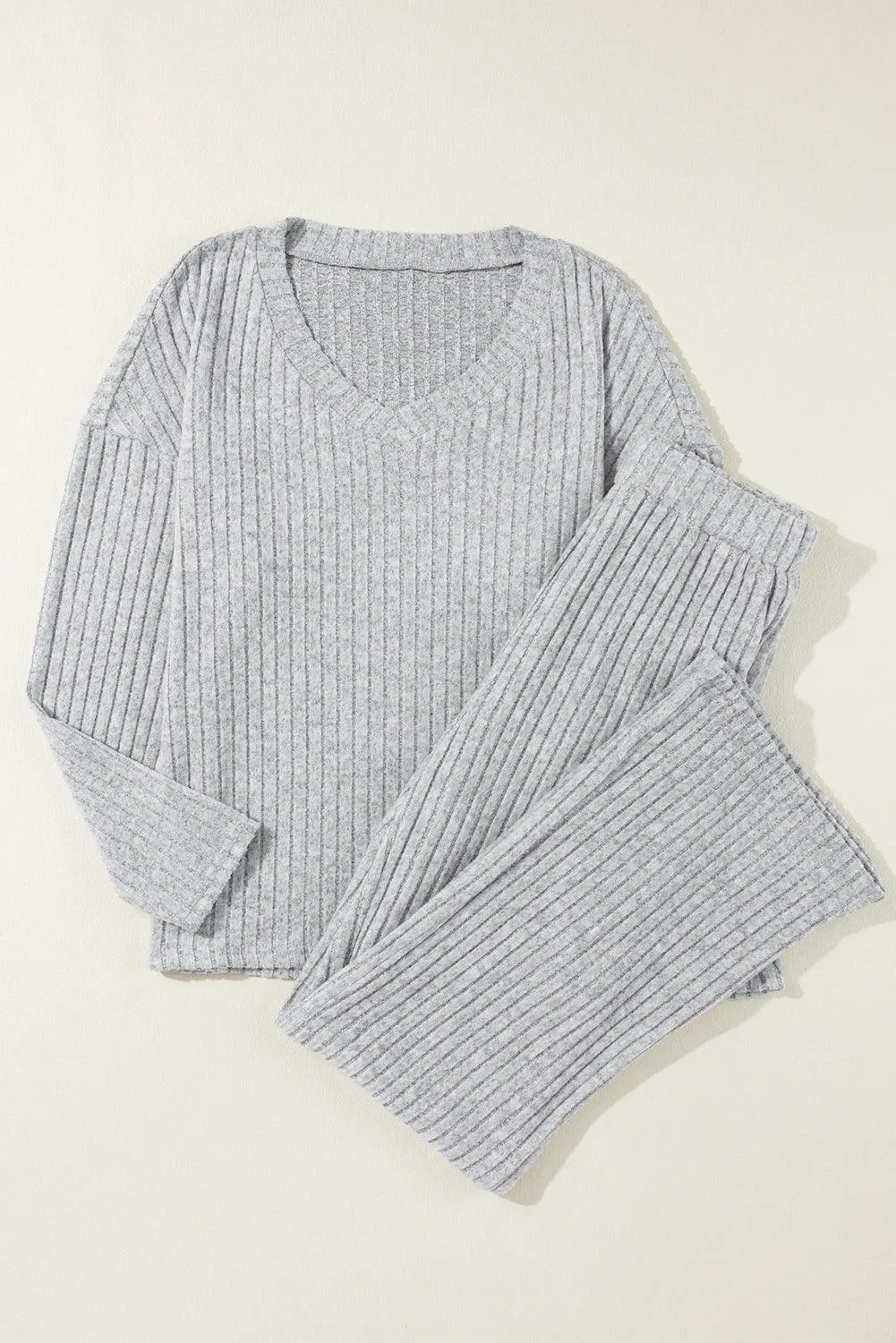 Cozy Light Grey V-Neck Ribbed Knit Lounge Set for Stylish Relaxation