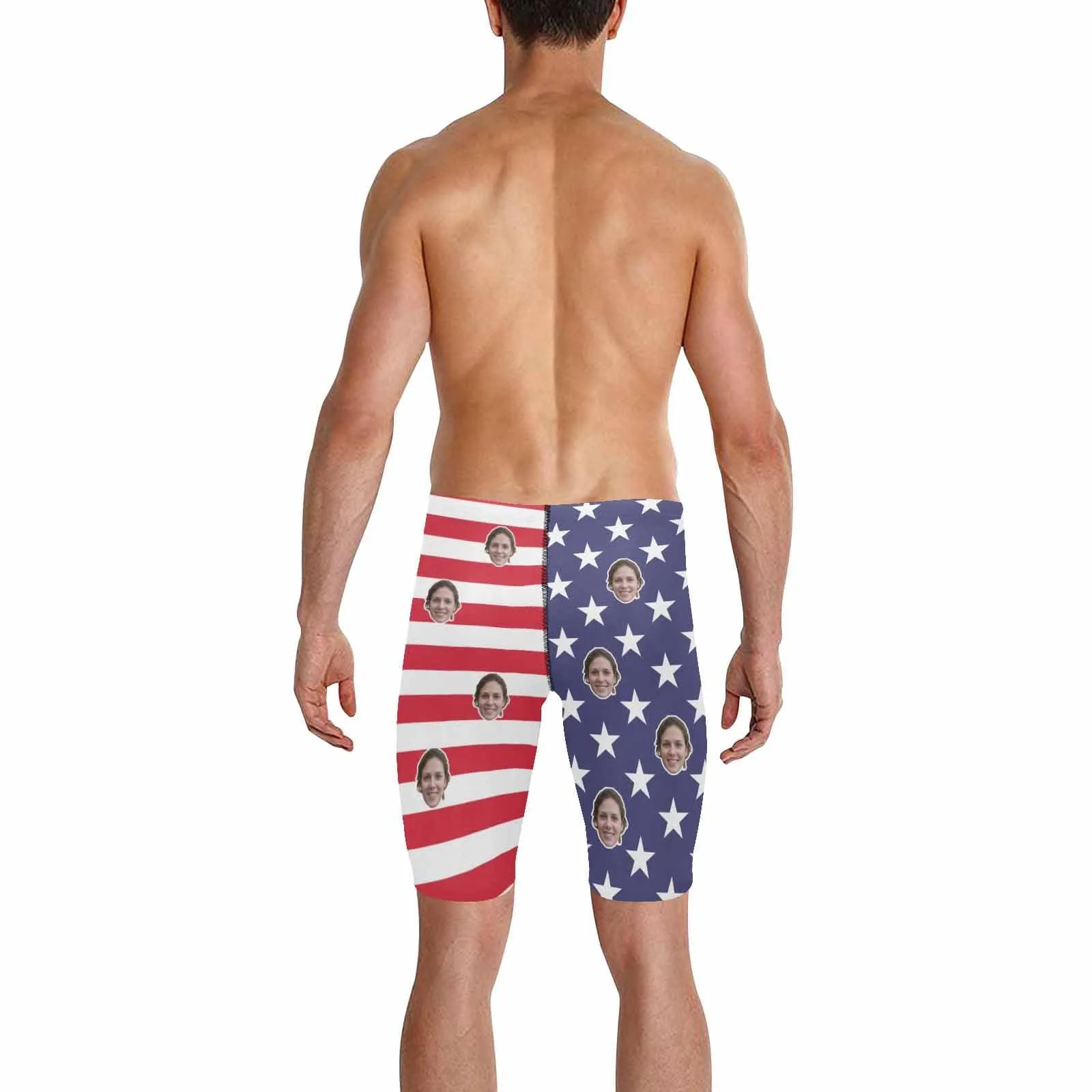 Custom Face American Flag Stars Men's Swim Shorts Personalized Triangle Swim Briefs Men's Knee Surf Shorts Funny Swim Trunks for Holiday