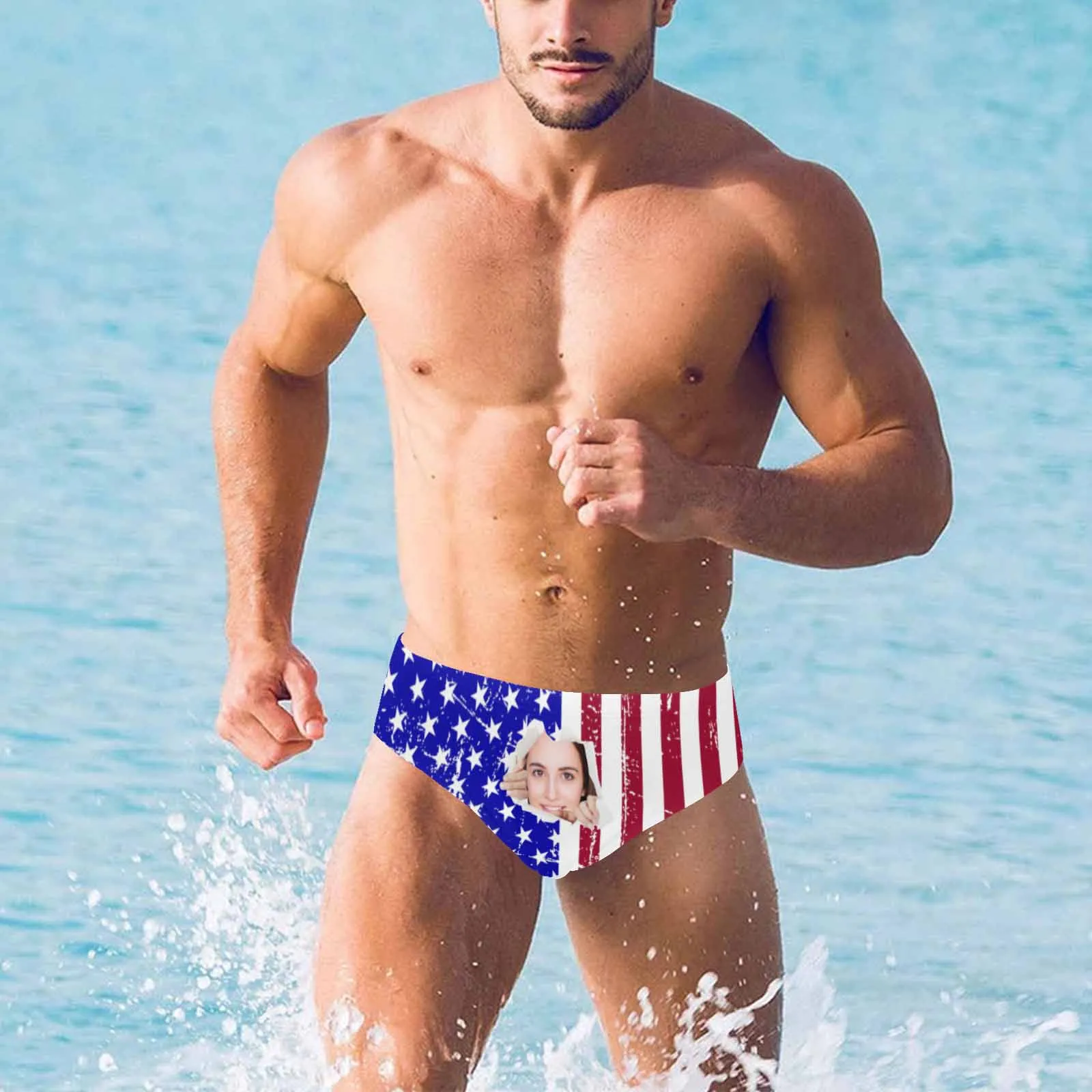 Custom Face American Flag Triangle Swim Briefs Design Broken Paper Men's Swim Shorts for Pool Party