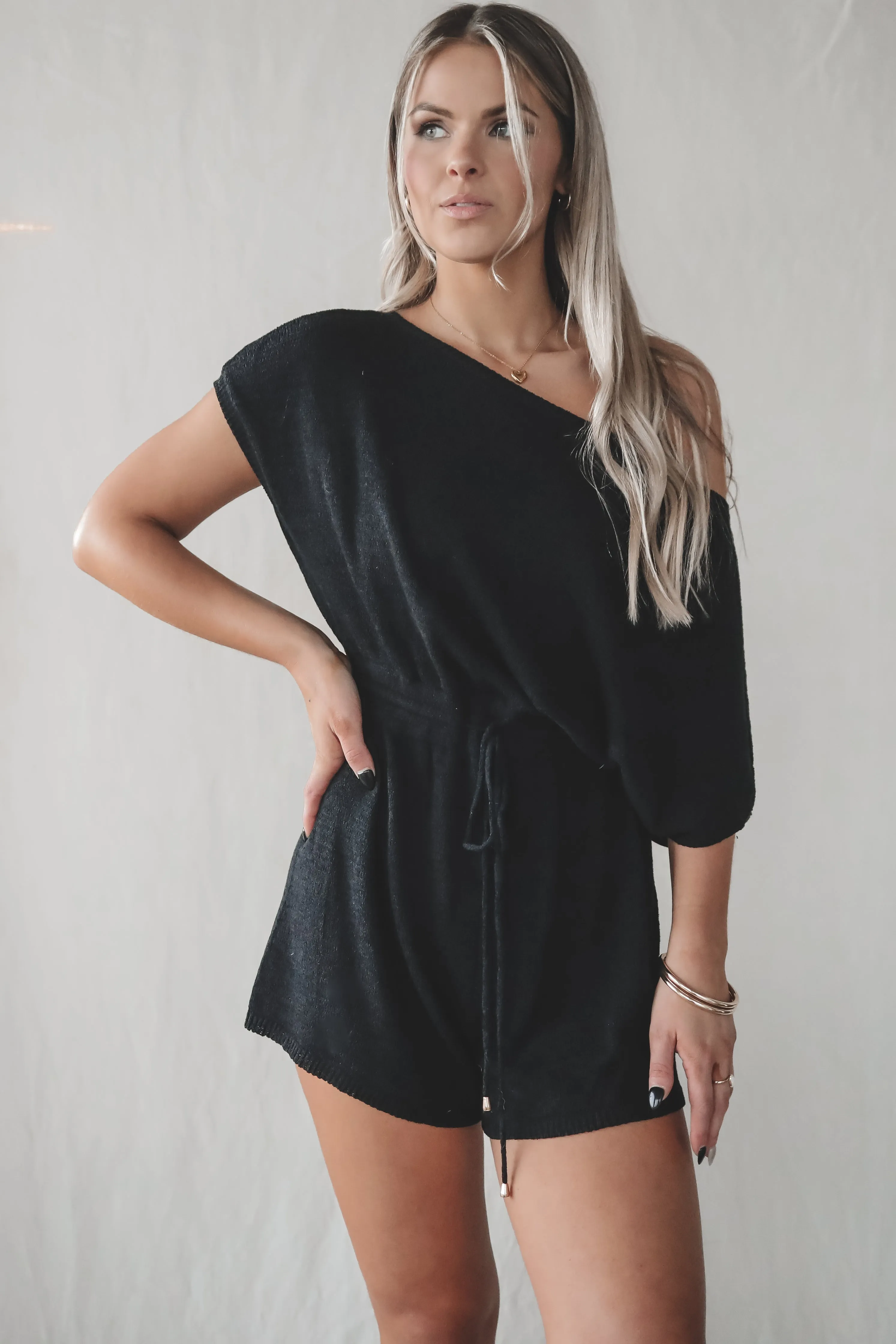 DEAL Taking A Day Off Black Knit Short Sleeve Playsuit