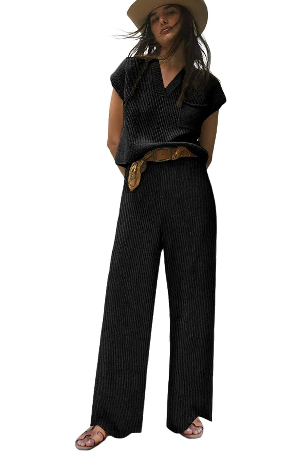 Effortless Elegance: Cozy Black Knit V Neck Sweater and Wide Leg Pants Set