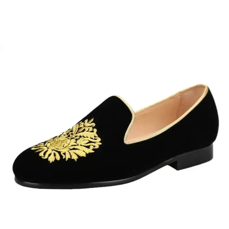 Embroidered Gold Floral Velvet Women Loafers