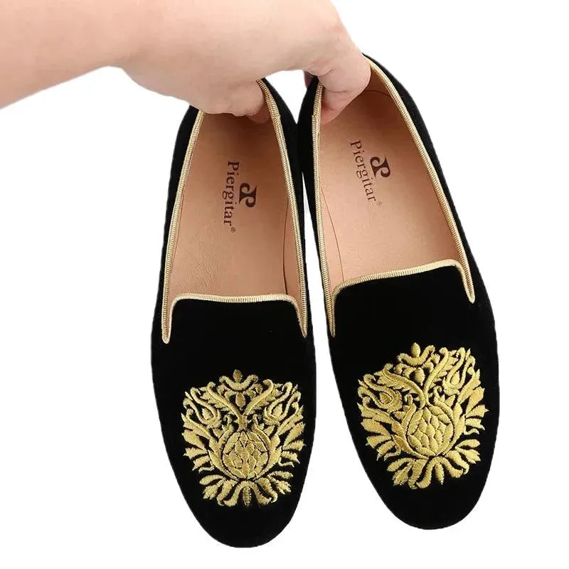 Embroidered Gold Floral Velvet Women Loafers