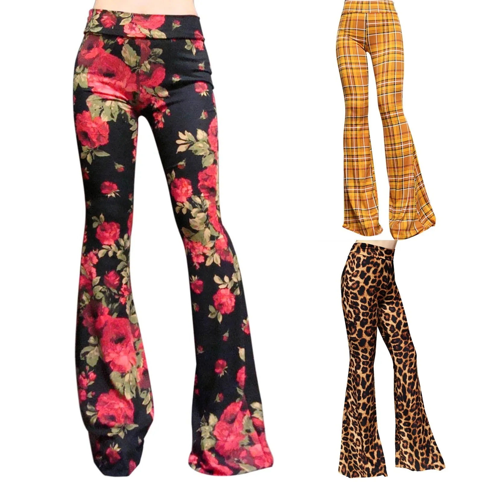 Funki Buys | Pants | Women's Plaid Leopard Flower Print Flares