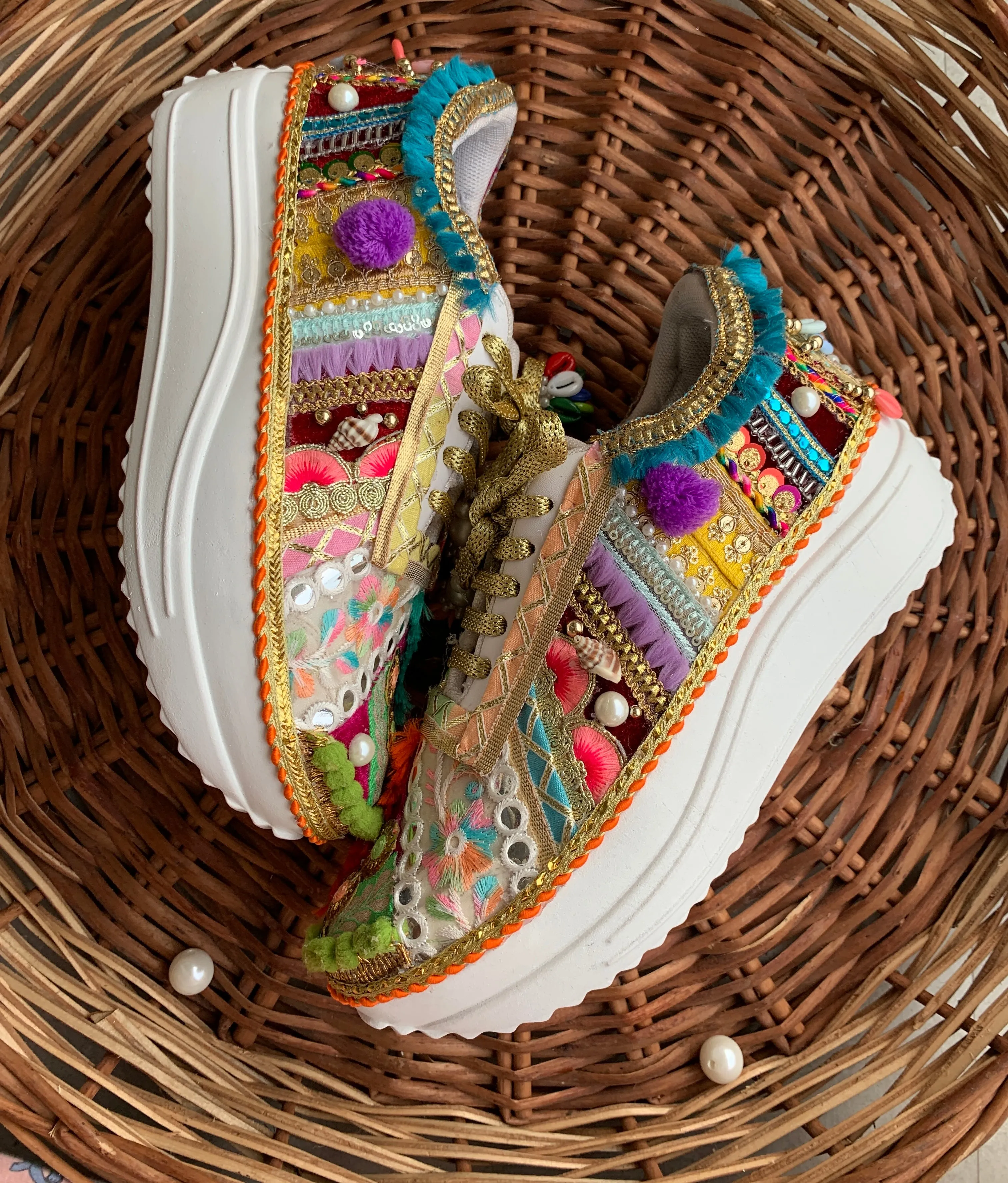 FUNKY N TRENDY boho theme hand work sneakers for brides / bridesmaids/ boho sneakers / bohemian sneakers / boho shoes / multicolored sneakers/ multi colored sneakers