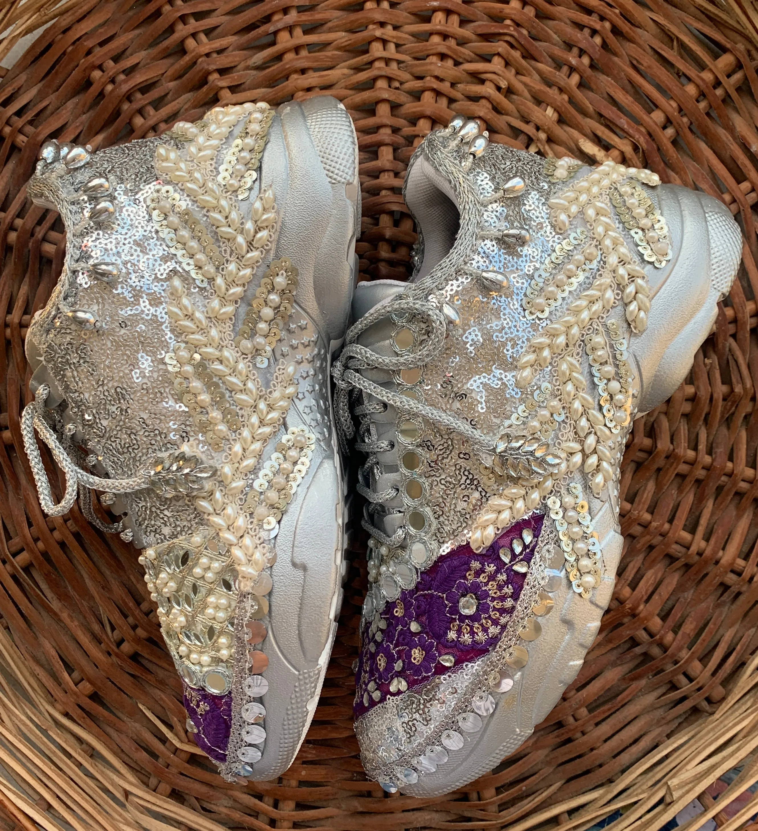 FUNKY N TRENDY eggplant & Silver color hand work sneakers for brides / bridesmaids/ silver sneakers / dark purple sneakers / eggplant color shoes