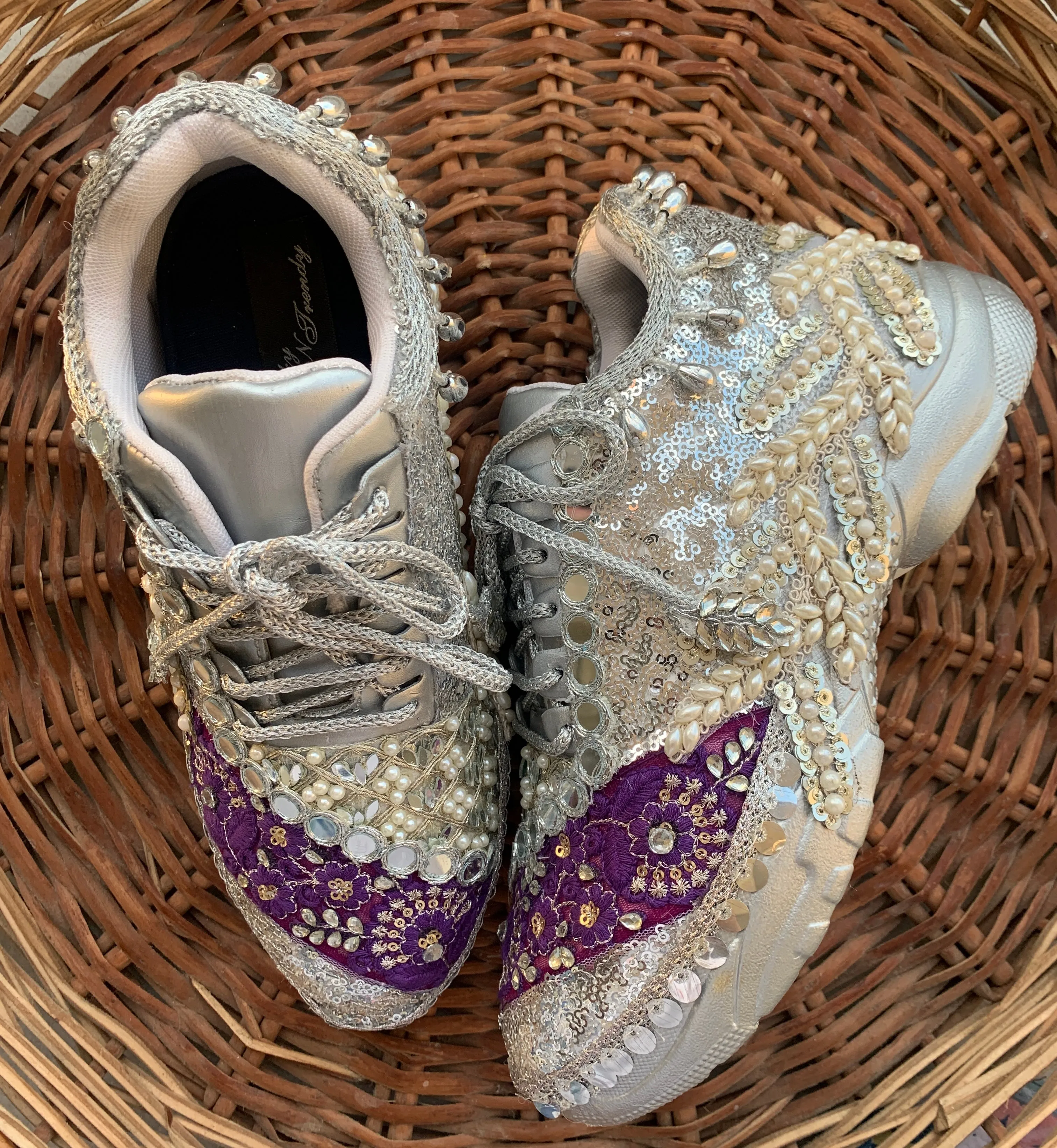 FUNKY N TRENDY eggplant & Silver color hand work sneakers for brides / bridesmaids/ silver sneakers / dark purple sneakers / eggplant color shoes