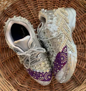 FUNKY N TRENDY eggplant & Silver color hand work sneakers for brides / bridesmaids/ silver sneakers / dark purple sneakers / eggplant color shoes