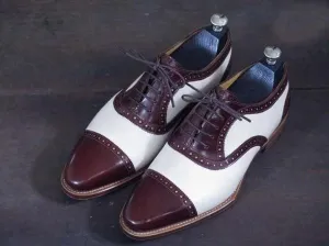 Handmade Men's Leather Brown White Cap Toe Shoes