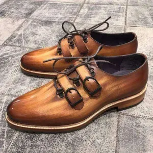 Handmade Men's Leather Cognac Double Monk Shoes