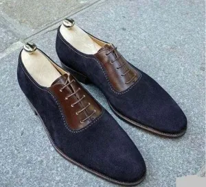 Handmade Men's Suede Navy Blue Derby Shoes