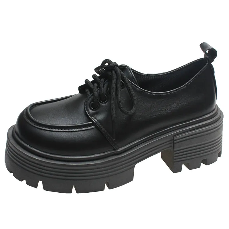 Hnzxzm Patent Leather Platform Loafers Women Preppy Style Lace Up Oxford Shoes Woman Black Thick Bottom Y2K Shoes Female