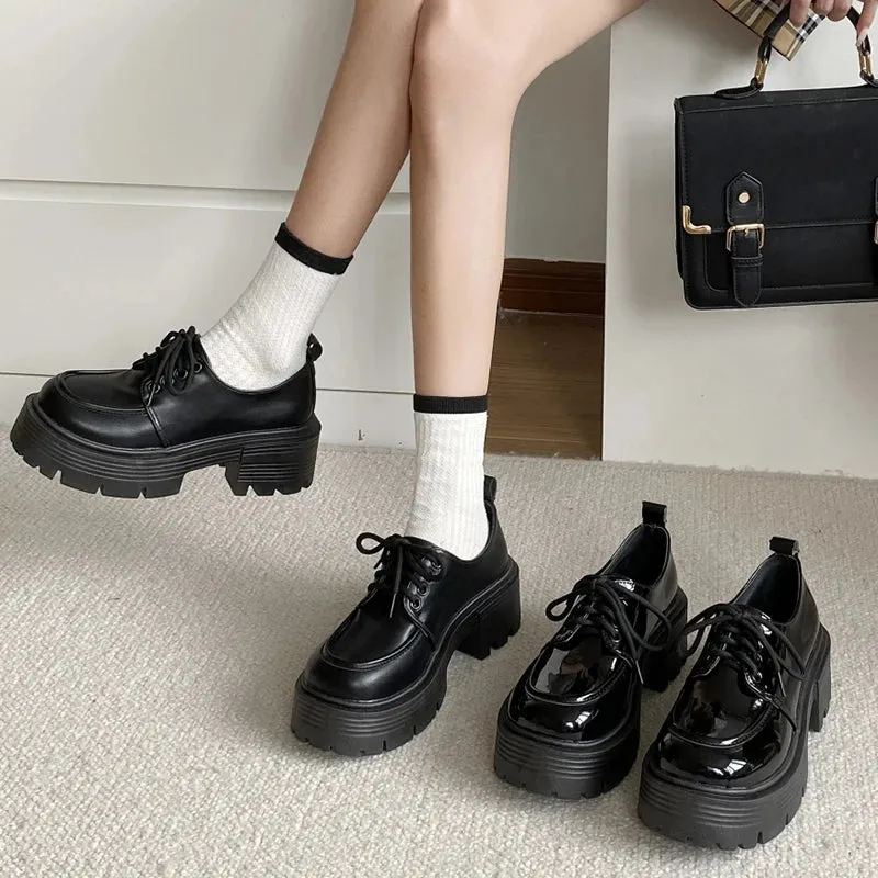 Hnzxzm Patent Leather Platform Loafers Women Preppy Style Lace Up Oxford Shoes Woman Black Thick Bottom Y2K Shoes Female