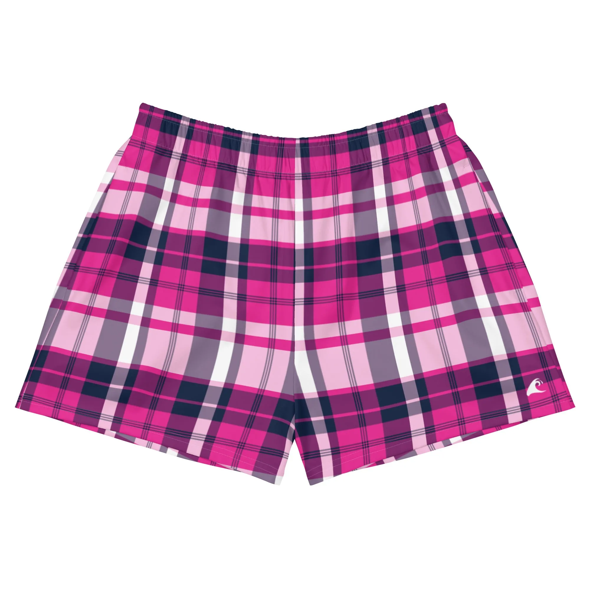 Hot Pink and Navy Blue Preppy Plaid Women's Athletic Swim Shorts