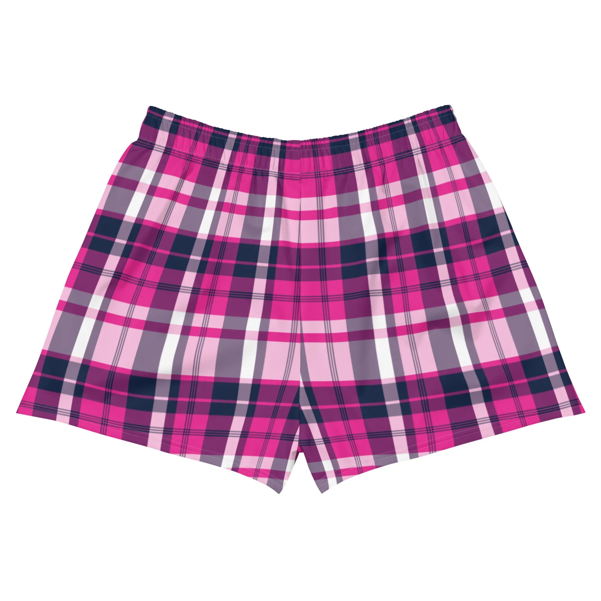 Hot Pink and Navy Blue Preppy Plaid Women's Athletic Swim Shorts