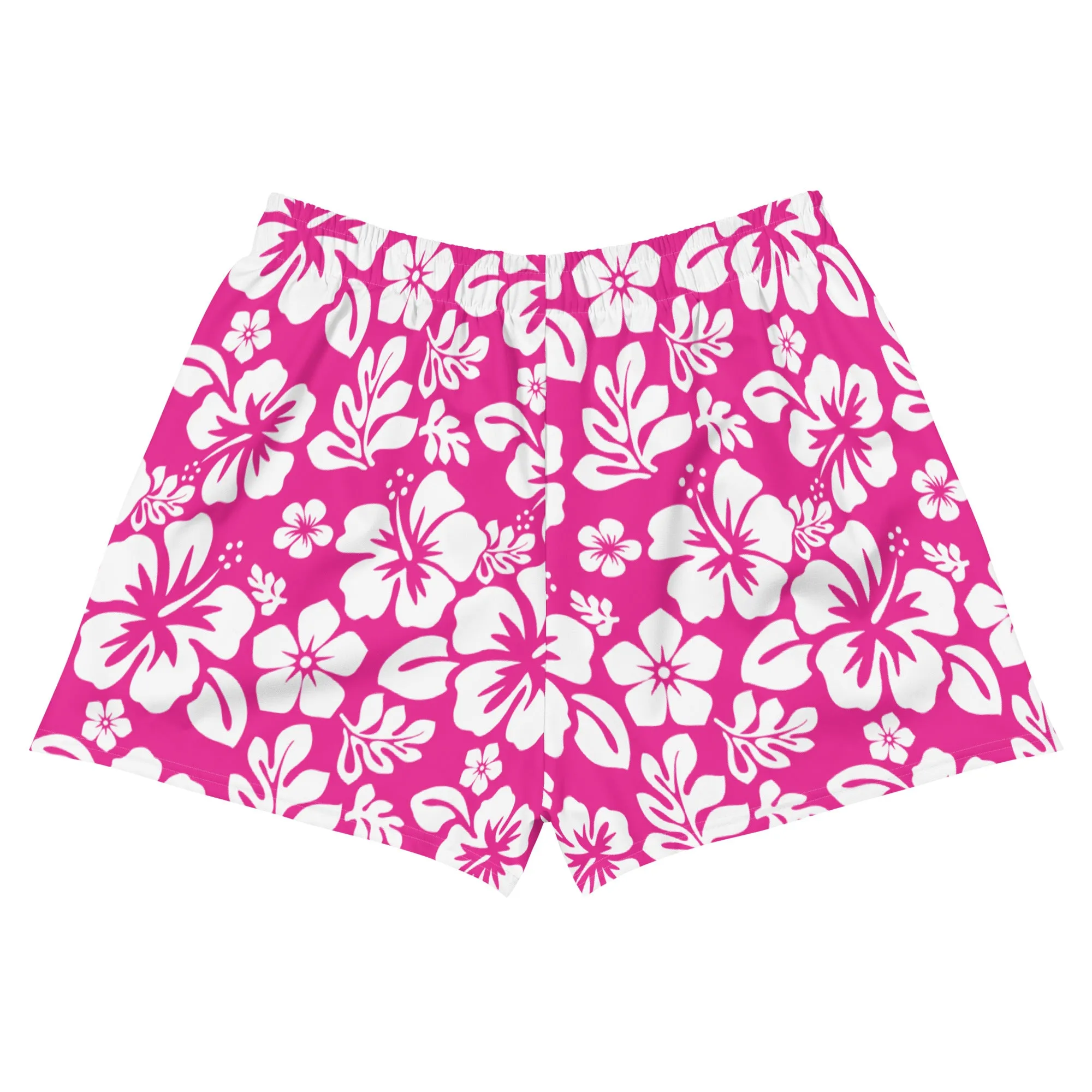 Hot Pink and White Hawaiian Flowers Women's Athletic Swim Shorts