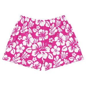 Hot Pink and White Hawaiian Flowers Women's Athletic Swim Shorts