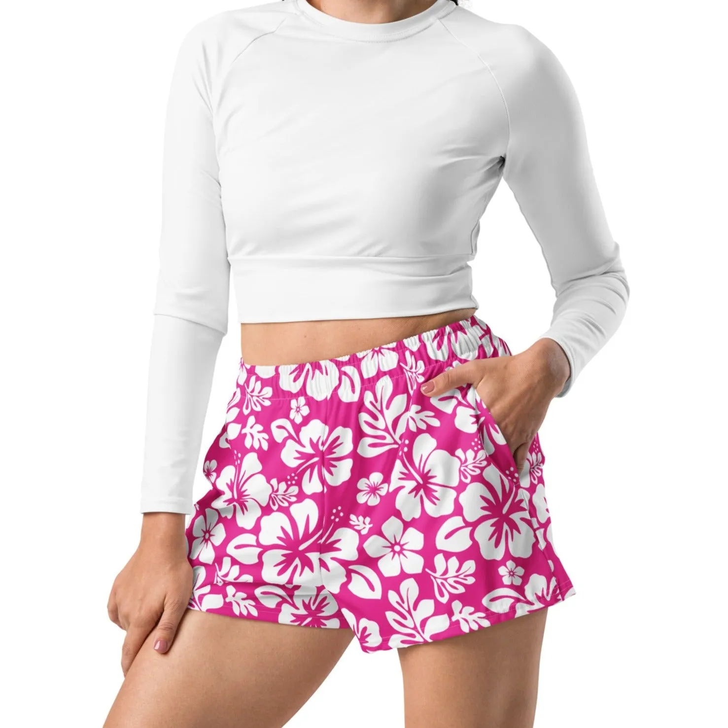 Hot Pink and White Hawaiian Flowers Women's Athletic Swim Shorts