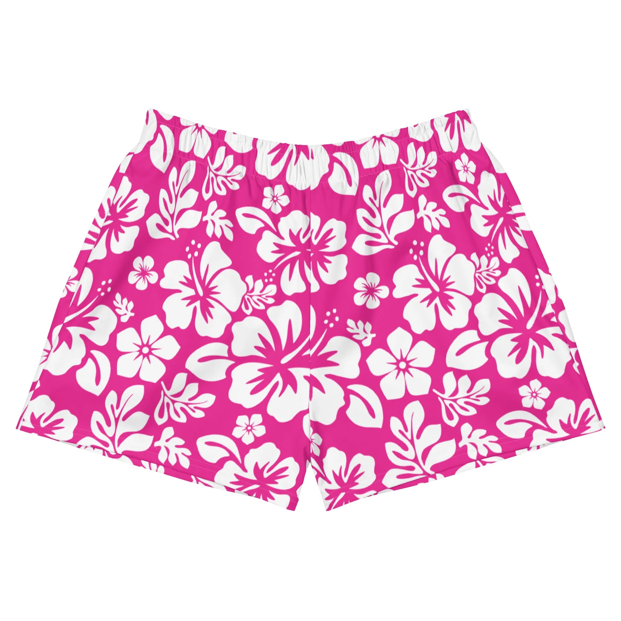 Hot Pink and White Hawaiian Flowers Women's Athletic Swim Shorts