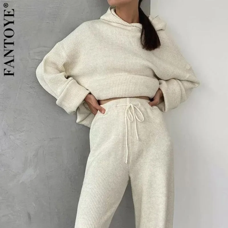 Joskaa Casual Knit Hoodied With Pocket Two Piece Sets Women Solid Long Sleeve Top Wide Leg Pant Outfit Streetwear Tracksuit New