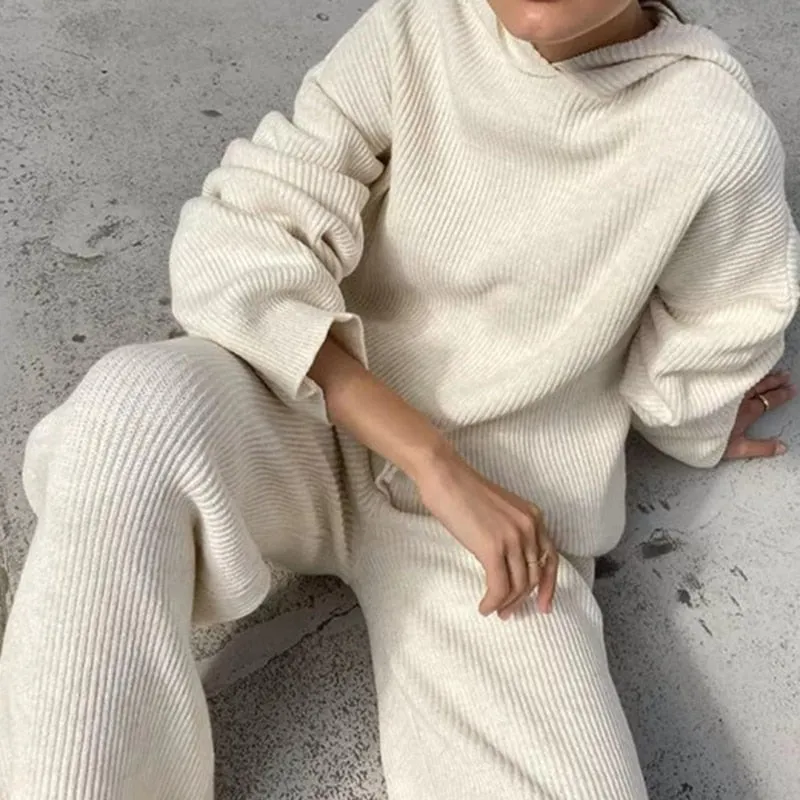 Joskaa Casual Knit Hoodied With Pocket Two Piece Sets Women Solid Long Sleeve Top Wide Leg Pant Outfit Streetwear Tracksuit New