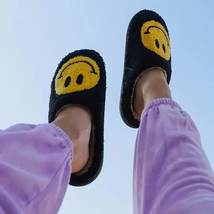 Just Smiley Black Plush Slippers