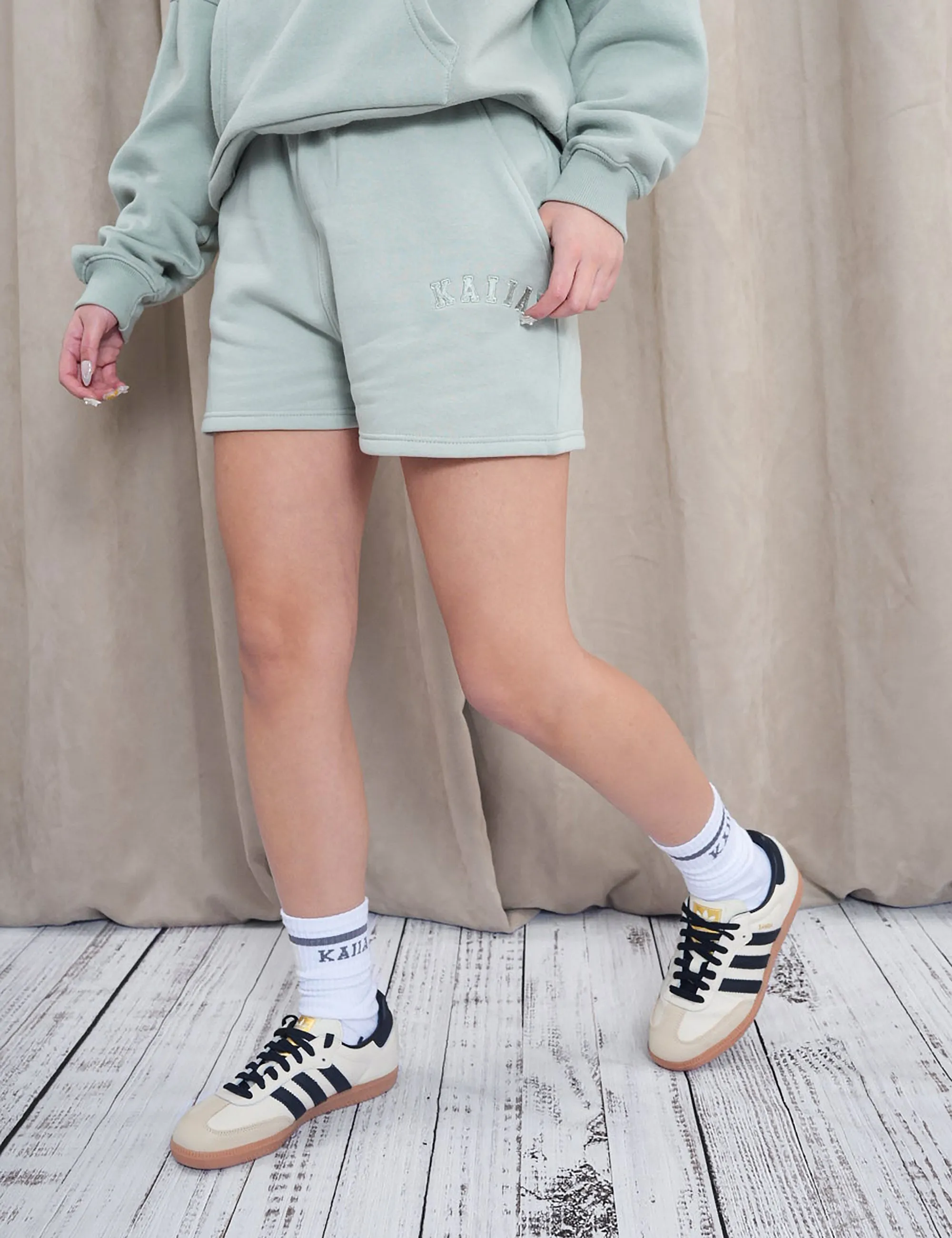 Kaiia Sweat Logo Shorts in Sage Green