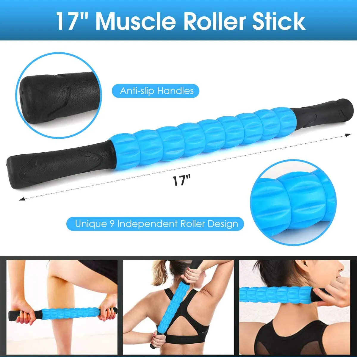 KeShi Foam Roller Set, 18” Muscle Foam Roller, 17” Massage Roller Stick, Spiky Massage Ball, Solid Ball, and Stretching Strap, Perfect for Pain & Tightness Relief Home Gym Set