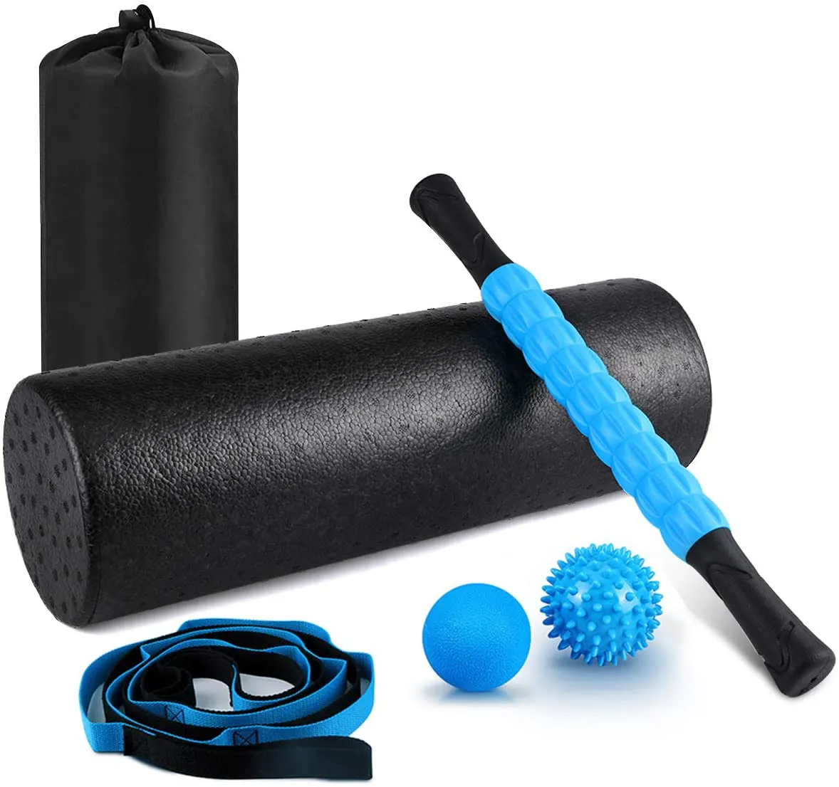 KeShi Foam Roller Set, 18” Muscle Foam Roller, 17” Massage Roller Stick, Spiky Massage Ball, Solid Ball, and Stretching Strap, Perfect for Pain & Tightness Relief Home Gym Set