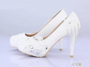 Lace Pearls Women Wedding Bridal Shoes With Pointed Toes, S019