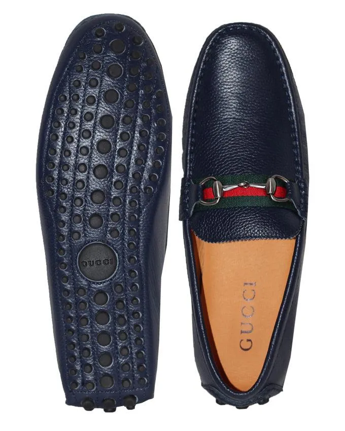 Leather Horsebit Driver Navy Blue Leather