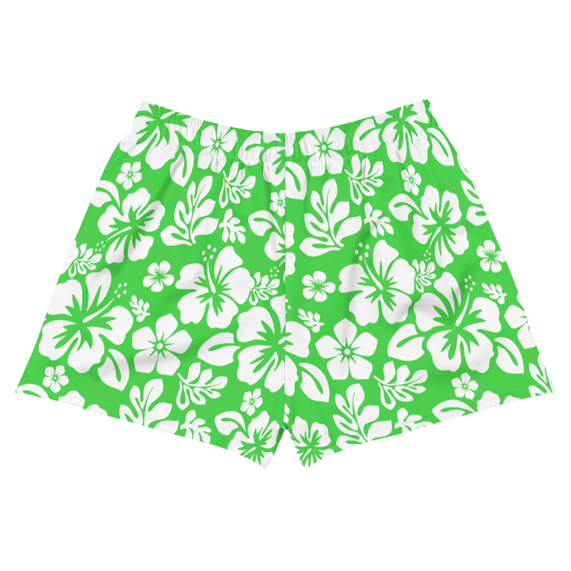 Lime and White Hawaiian Flowers Women's Athletic Swim Shorts