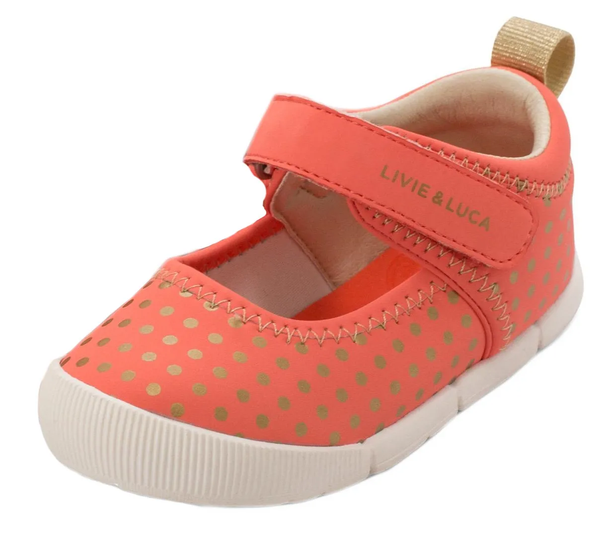 Livie & Luca Girl's Versey Hook and Loop Shoe, Coral Polka Dot