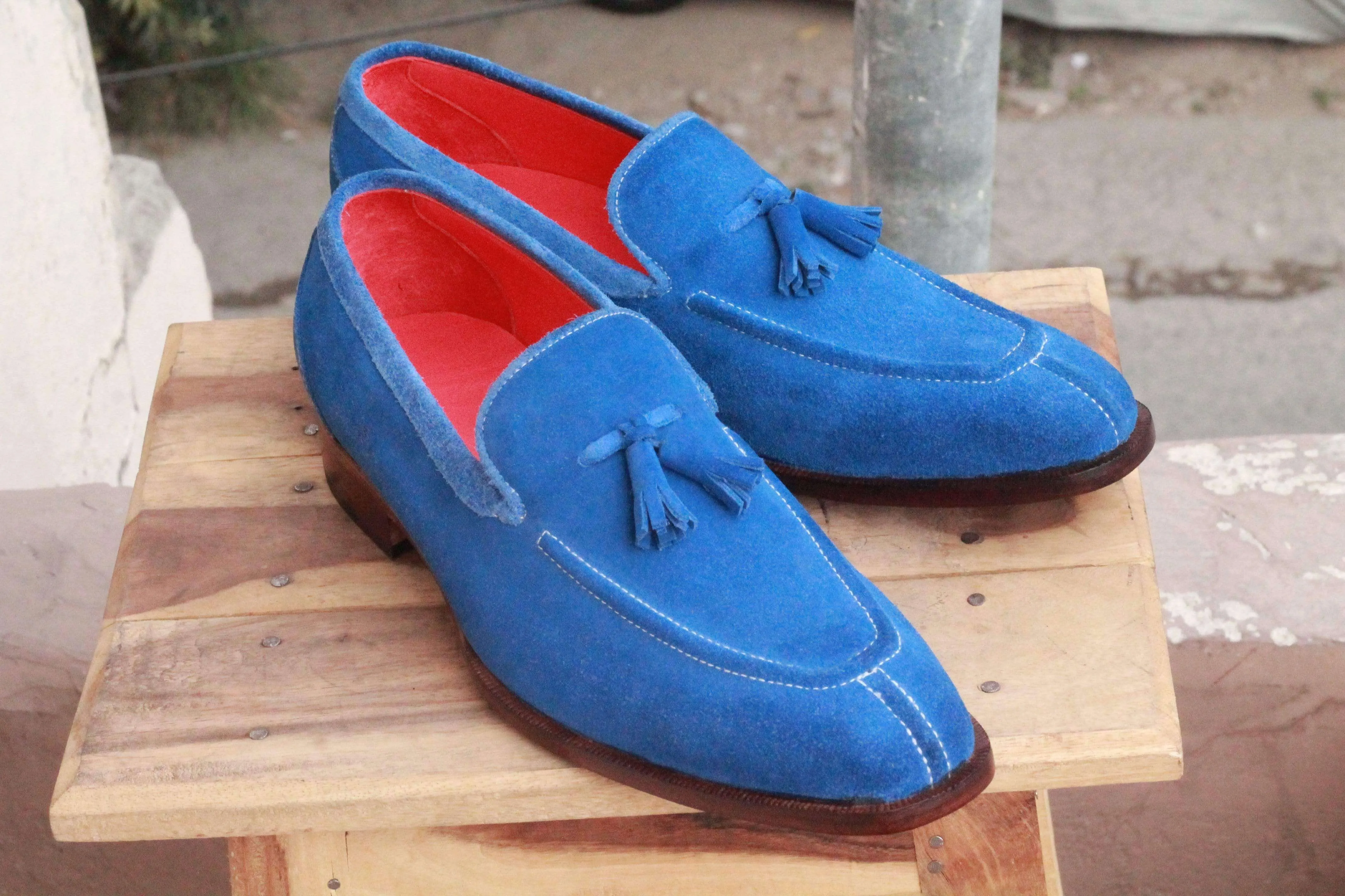 Men's Blue Split Toe Suede Loafers Tussles Shoes