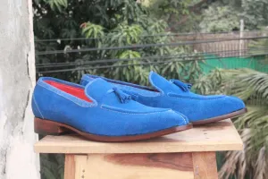 Men's Blue Split Toe Suede Loafers Tussles Shoes