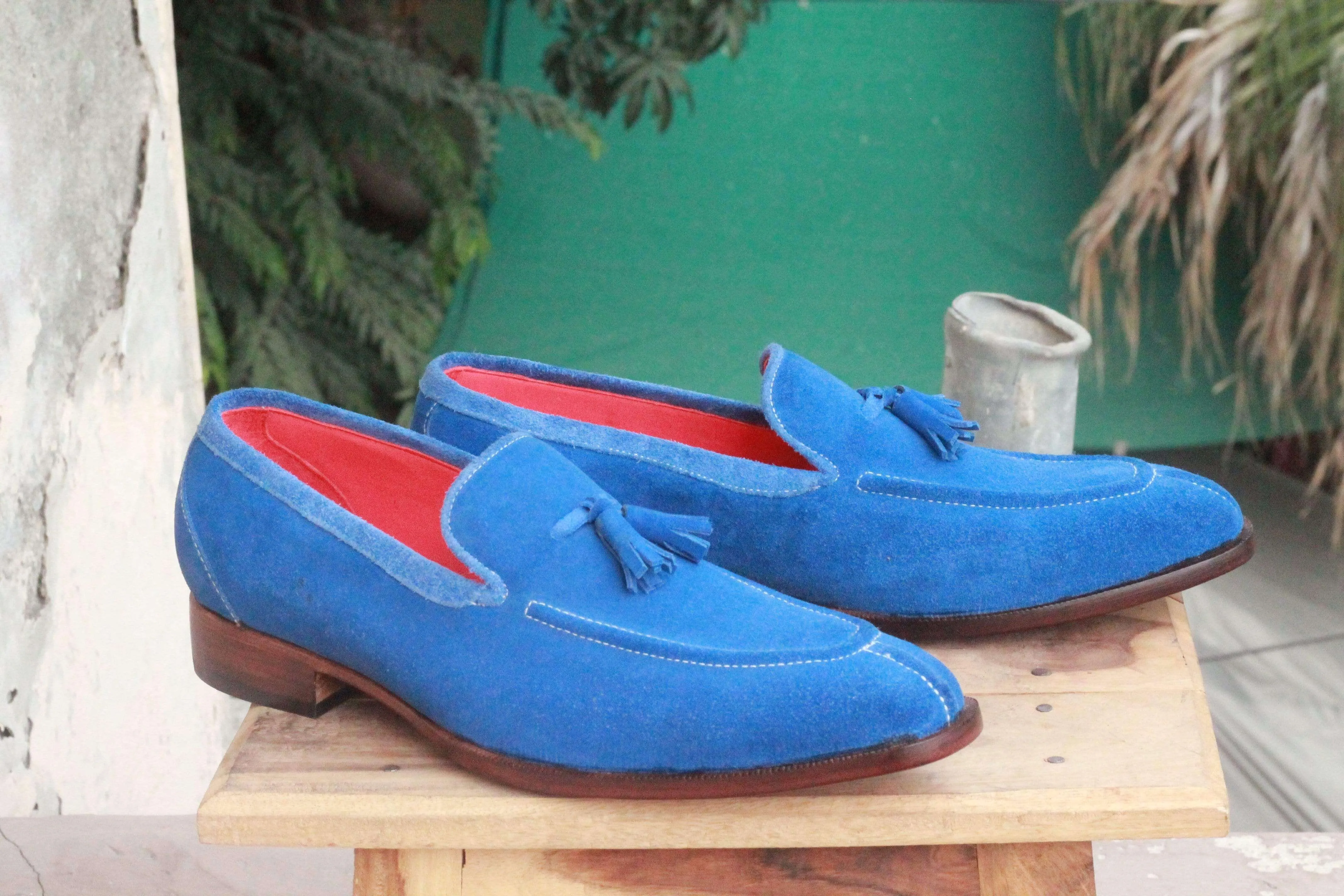 Men's Blue Split Toe Suede Loafers Tussles Shoes