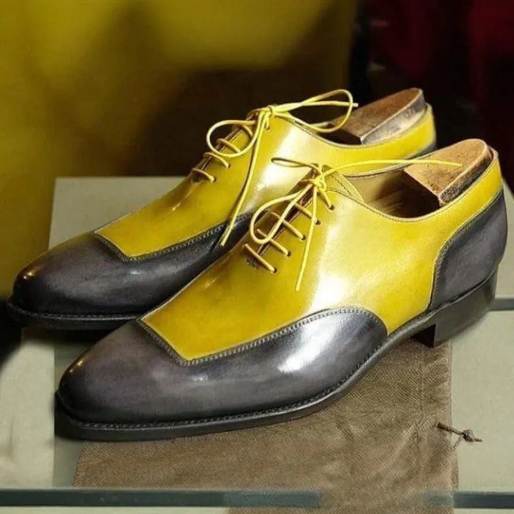 Men's Leather Yellow Gray Square Toe Lace Up Shoes