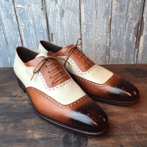 Men's Tan & Beige Leather Lace Up Square Toe Shoes